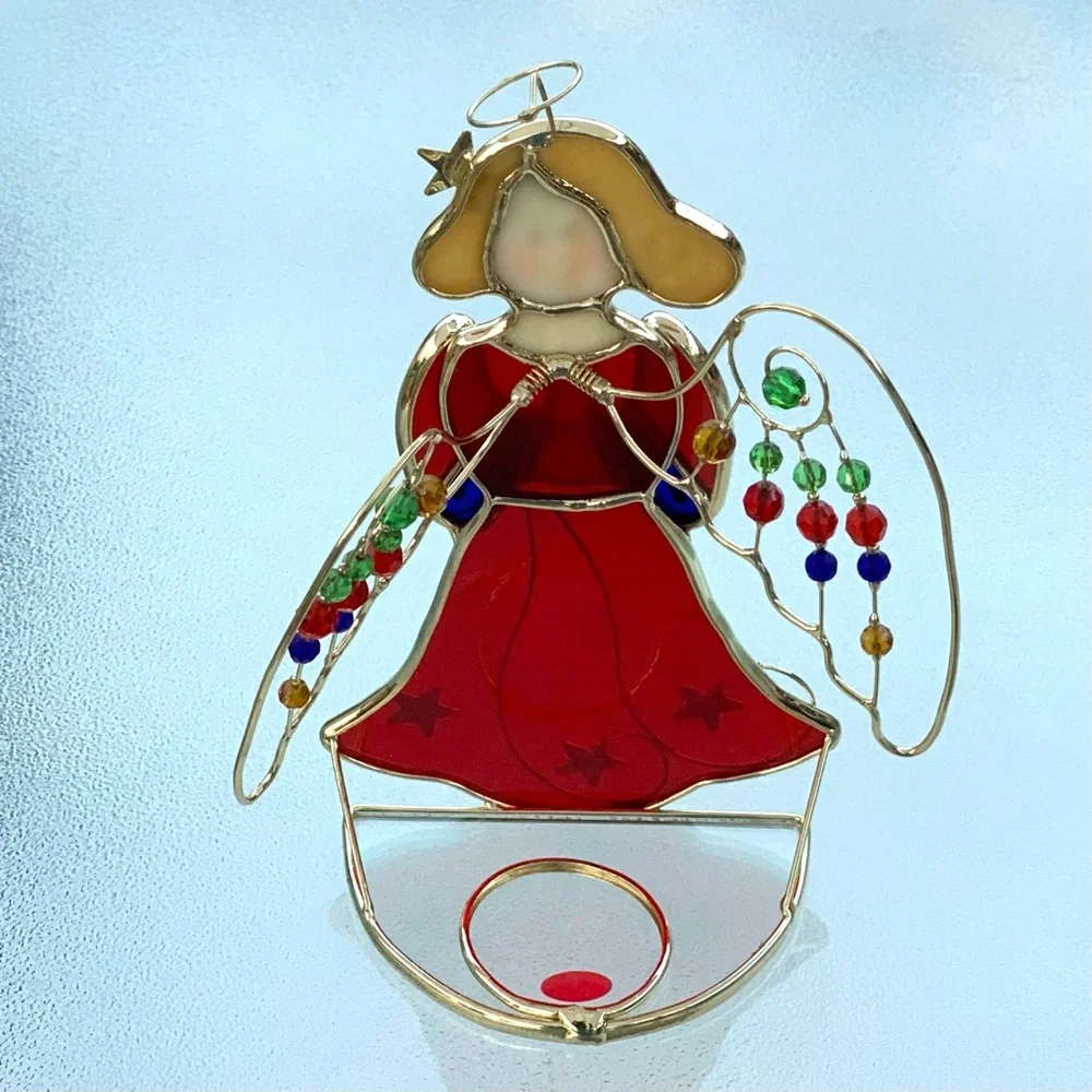 Stained Glass Angel Holiday Decor - Red and Gold